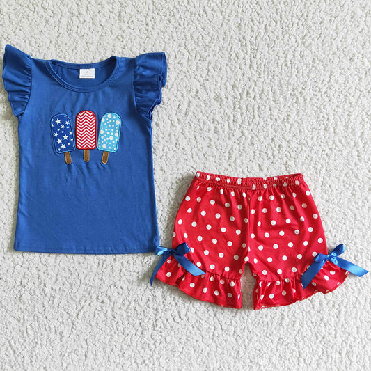 July 4th Boutique Baby Girls Clothes Embroidery Girls Summer Clothing Outfits Blue Red Cute Toddler Girls Clothing Wholesale GSSO0090