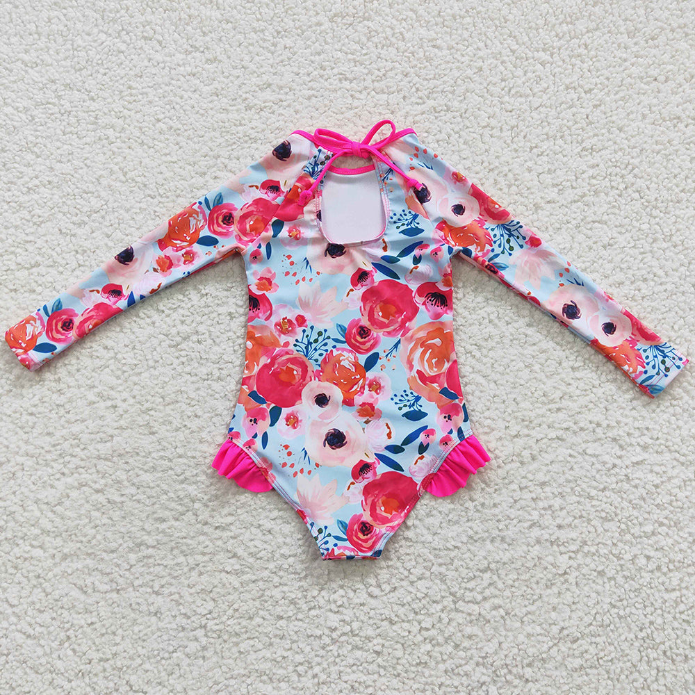 Baby Girls Swimsuits Pink Flowers Long Sleeve One Pieces Swimsuit S0083