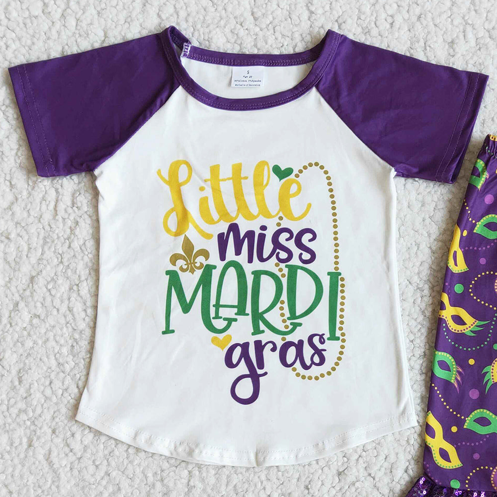 Wholesale Baby Girl Mardi Gras Clothing Purple Cute Children Clothes Short Sleeve Sequins Bell Bottom Pant Spring Toddler Outfit E7-27