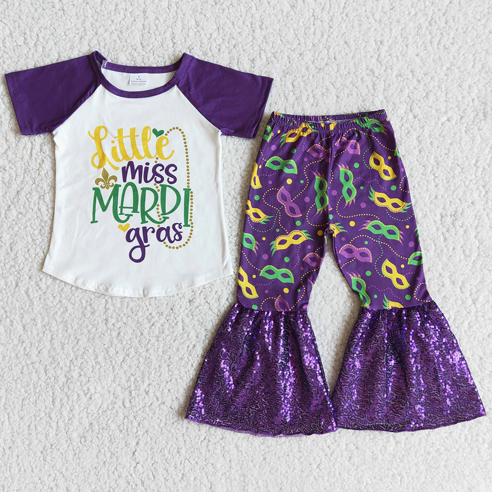 Wholesale Baby Girl Mardi Gras Clothing Purple Cute Children Clothes Short Sleeve Sequins Bell Bottom Pant Spring Toddler Outfit E7-27