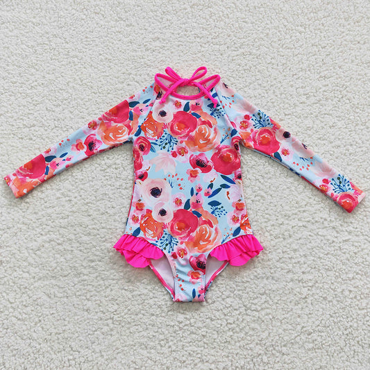 Baby Girls Swimsuits Pink Flowers Long Sleeve One Pieces Swimsuit S0083