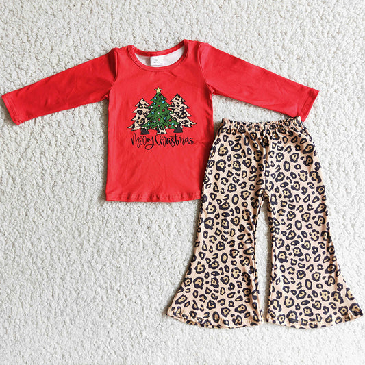 Toddler Girls Clothes Long Sleeve Leopard Pants Set Christmas Tree Print Cute Boutique Baby Girls Clothes Set Red 6 A4-19