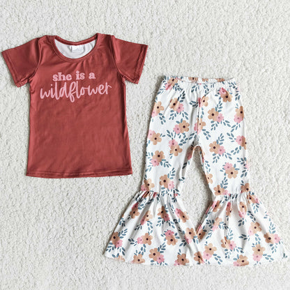 Wholesale Baby Girls Clothes Kids Clothes Girls Bell Pants Set Flower Printed E13-30