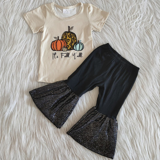 Hot Sale Kids Designer Clothes Girls Bell Bottom Outfits Pumpkin Fall Baby Girls Clothing Sets Halloween Kids Boutique Clothing A0-11