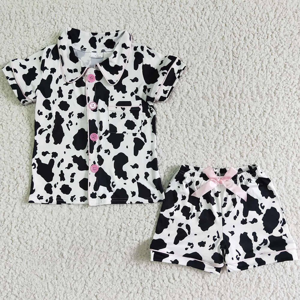 Cute Baby Girls Pajamas Set Cow Print Boutique Kids Pajamas Short Sleeve Shorts Summer Girls Sleepwear Nightwear GSSO0113