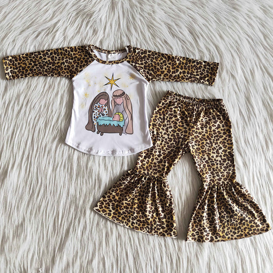 Boutique Girls Clothing Set Christmas Toddler Baby Girls Clothes Leopard Kids Bell Bottom Outfits 6 A18-11