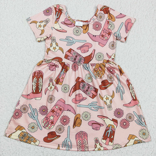 Western Style Girls Boutique Dress Cow Boots Print Baby Girl Dress GSD0205