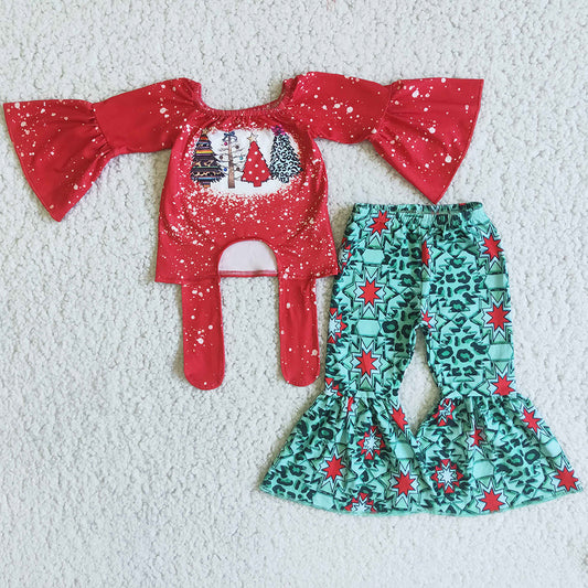 New Fashion Baby Girl Clothes Set Christmas Tree Print Cute Kids Girls Clothing Red Long Sleeve Bell Pants Outfits 6 B10-4