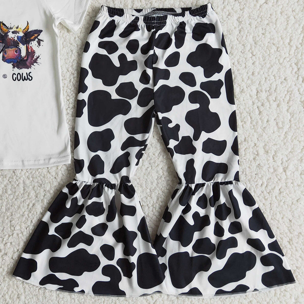 Hot Sale Kids Clothes Girls Bell Bottom Outfit Peace Love Cows Cute Toddler Girl Clothes Set E12-26