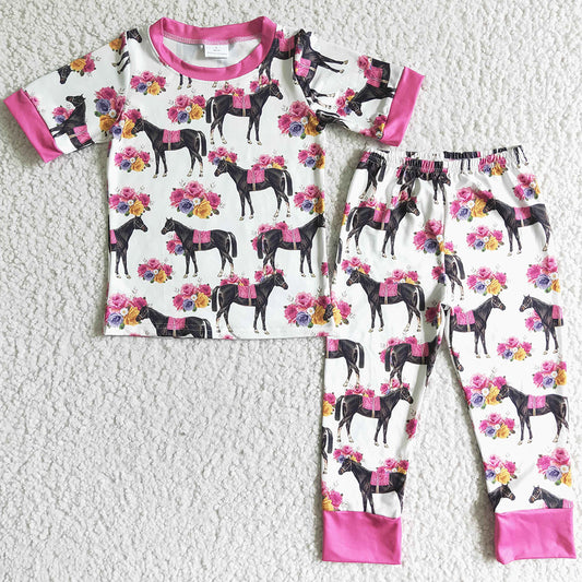 Wholesale Children Clothing Girls Sleepwear Boutique Baby Girl Pajamas Set Horse Print Cute Pink Kids Clothes Girls Nightwear GSPO0005