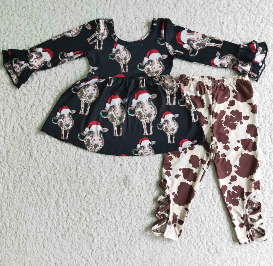 Boutique Girls Clothes Cow Christmas Baby Girls Clothes Tunic Top Pants Set Fashion Kids Clothing 6 C9-21