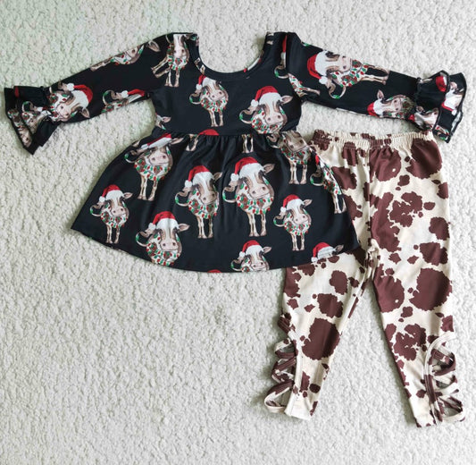 Boutique Girls Clothes Cow Print Christmas Baby Girls Clothes Tunic Top Pants Set Fashion Kids Clothing 6 C9-21