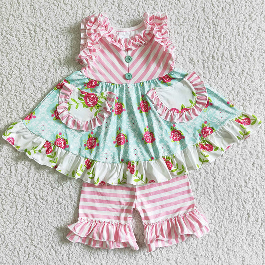 Boutique Baby Girls Clothes Flower Print Summer Girls Clothing Boutique Outfits Pink Color Cute Girls Outfits C2-2