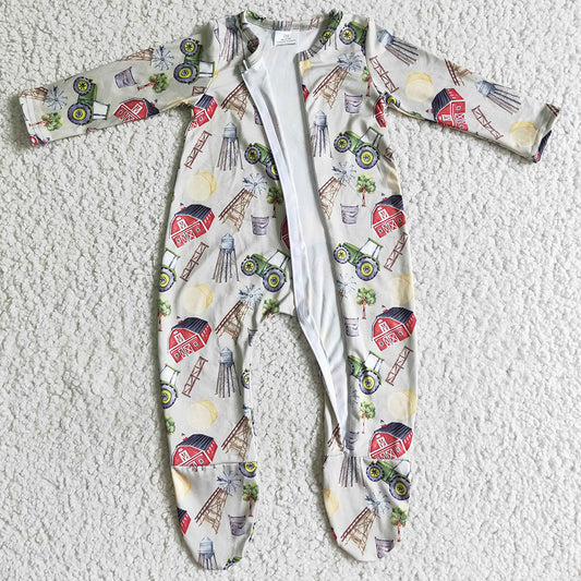 Farm Print Cute Baby Girl Footie Rompers Fall Unisex Romper Jumpsuit LR0099