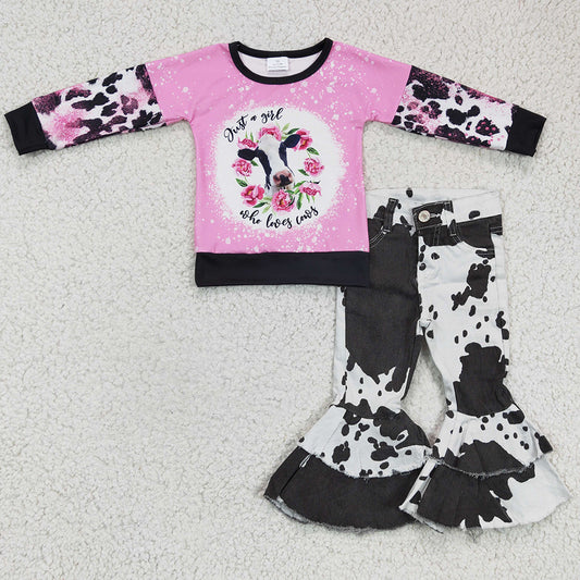 New Design Baby Girl Clothes Cow Print Long Sleeve Top Jeans Bell Pants Set GT0077