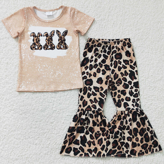 Wholesale Baby Girls Clothes Easter Day Bunny Print Cute Girls Leopard Bell Bottom Outfits GSPO0245