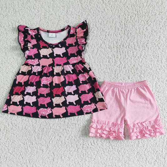 RTS Baby Girls Clothes Summer Outfits Pig Cute Kids Girl Clothing Short Sleeve Icing Shorts Set C11-6