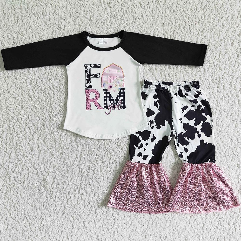 Fashion Baby Girls Clothes Set Farm Toddler Girls Clothes Sequins Bell Bottom Pants Outfits  6 A6-15