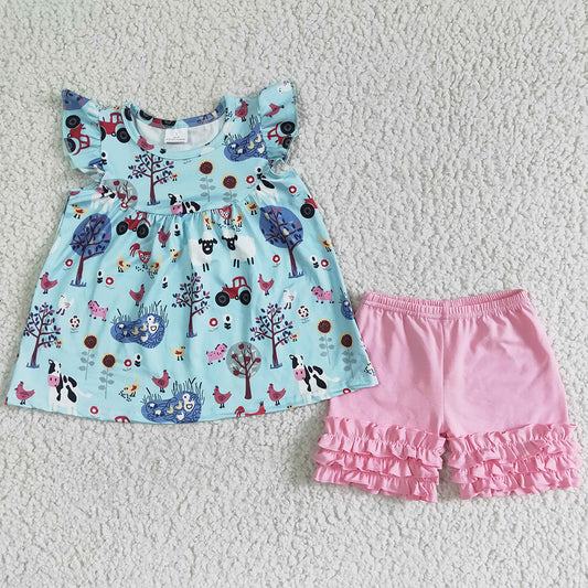 Cute Baby Girls Clothes Summer Kids Outfits Farm Print Boutique Toddler Girl Clothes Set A10-14