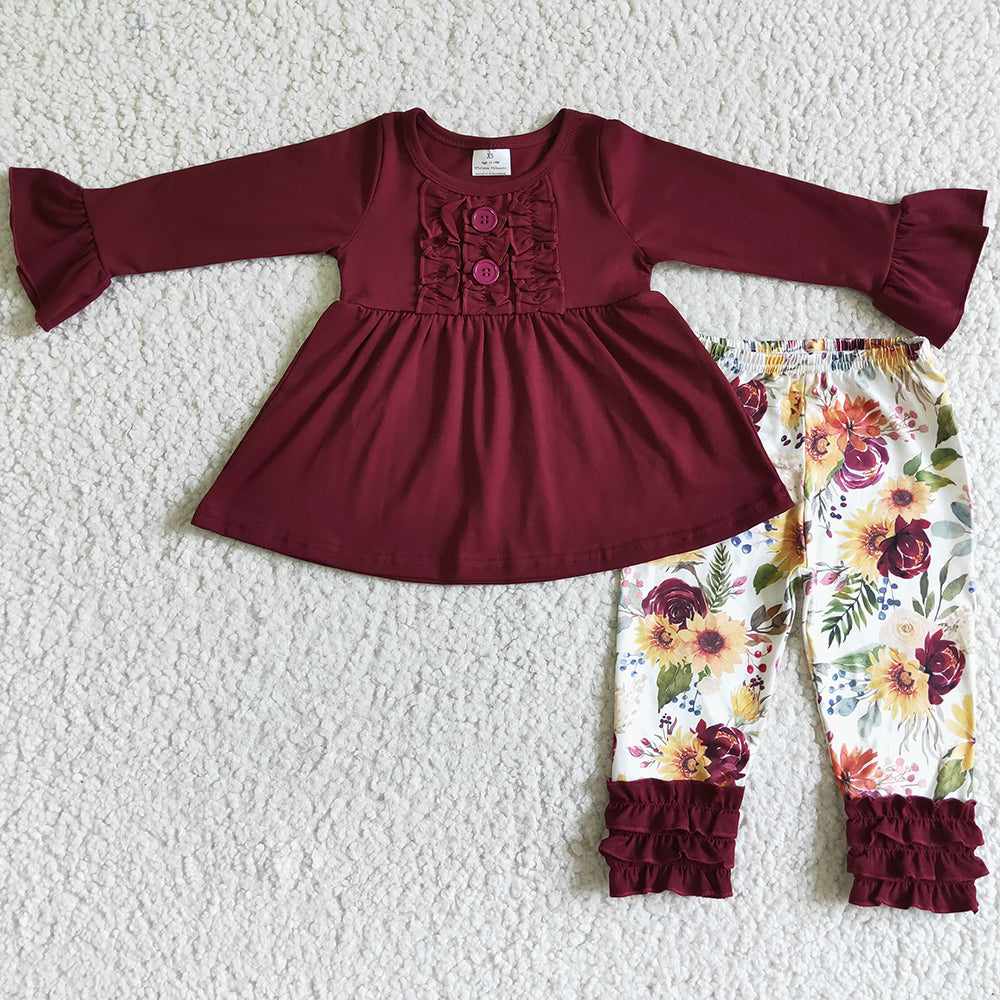 New Baby Girl Clothes Set Fall Boutique Kids Clothes Girls Outfits Flower Print GLP0015