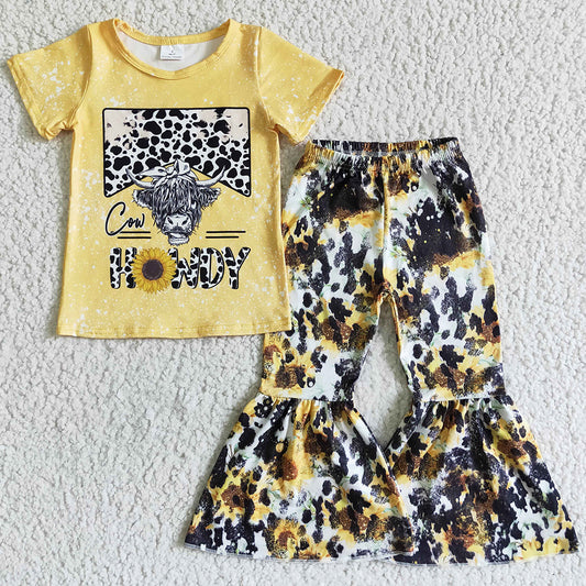 Western Style Baby Girl Clothes Set Cute Cow Sunflower Print Boutique Girls Clothing GSPO0081