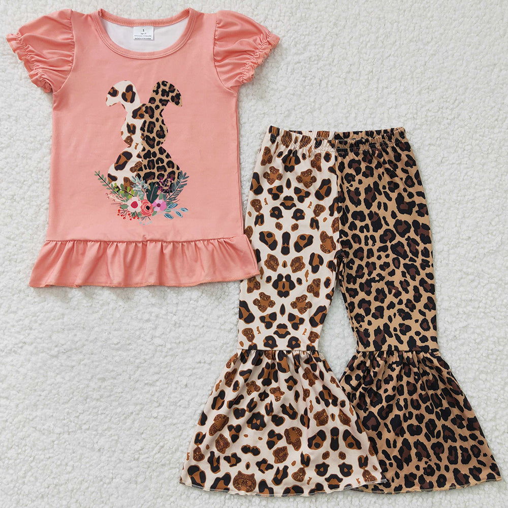 Boutique Girls Clothing Leopard Bunny Fashion Easter Baby Girls Clothes Set GSPO0261