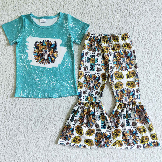 Fashion Toddler Girls Clothes Short Sleeve Bell Pants Set Cow Sunflower Print GSPO0073