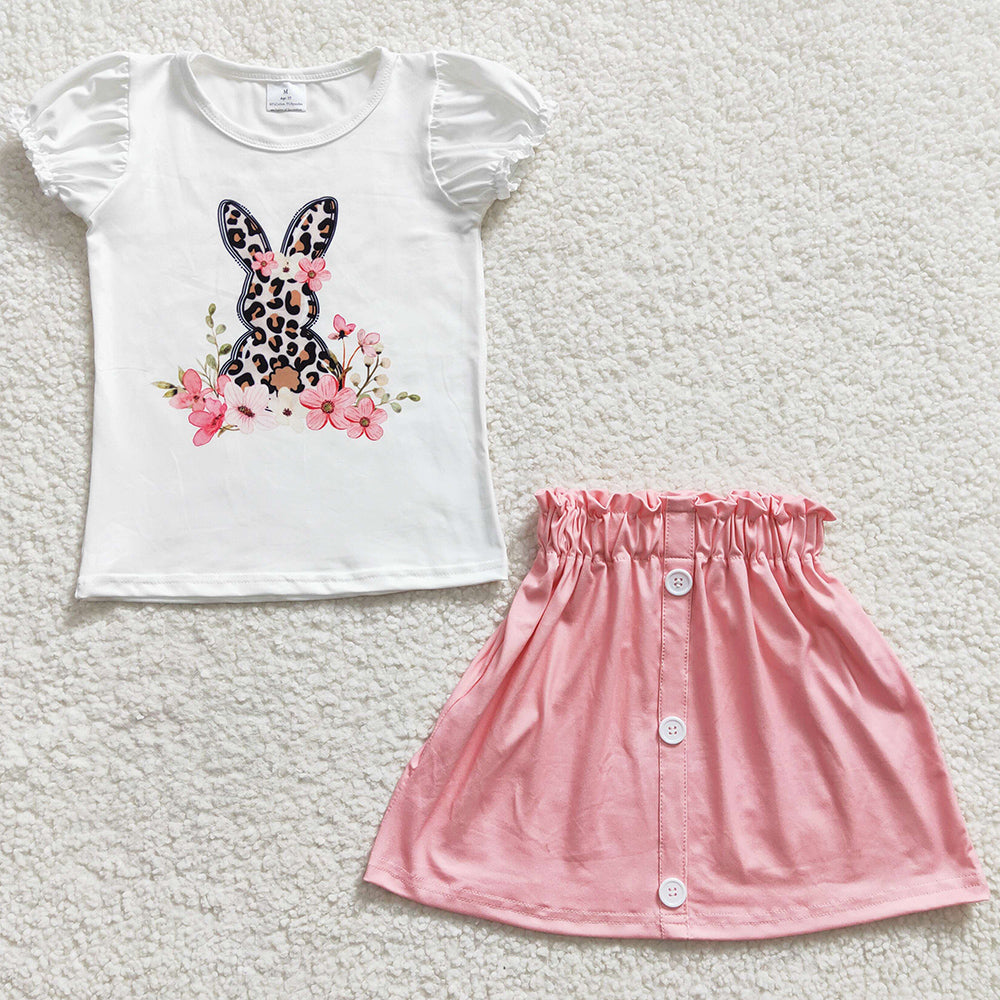 New Easter Girls Clothing Bunny Print Short Sleeve T-shirt Skirt Set GSD0228