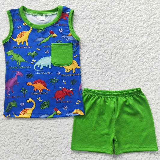 Baby Boys Summer Clothing Sleeveless Dinosaur Top Shorts Clothes Set BSSO0234