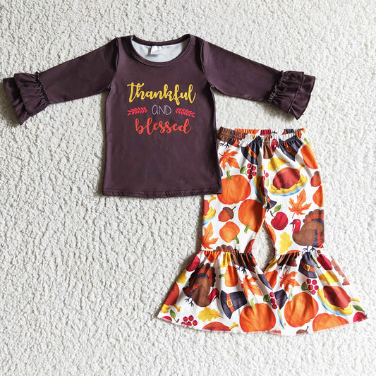 Fall Baby Girl Clothes Thanksgiving Outfits Pumpkin Turkey Print Girls Set GLP0230