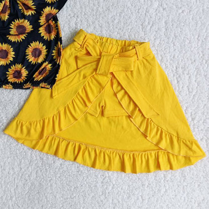New Design Baby Girls Clothes Set Sunflower Print Fashion Girl Clothing Short Sleeve Skirt Shorts Outfits B3-14
