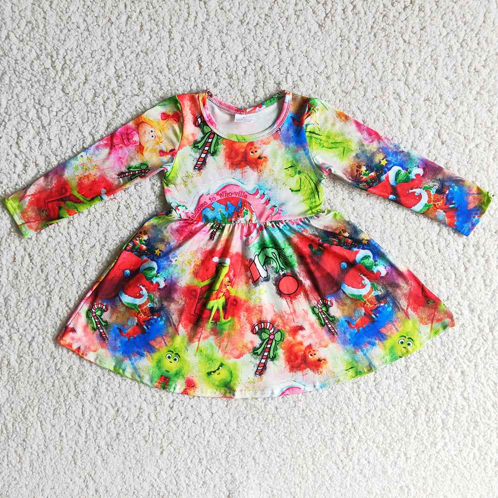 Tie Dye Fashion Baby Girls Dress Long Sleeve Christmas Fashion Girls Dresses Cartoon Print Holiday Girls Twirl Dresses 6 A15-3