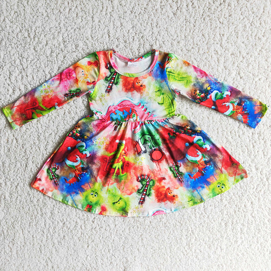 Tie Dye Fashion Baby Girls Dress Long Sleeve Christmas Fashion Girls Dresses Cartoon Print Holiday Girls Twirl Dresses 6 A15-3