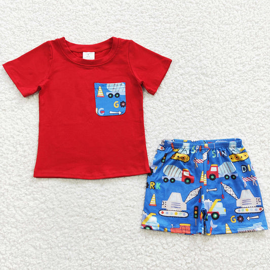 Fashion Baby Boys Clothes Red Construction Pocket Top Shorts Outfits BSSO0233