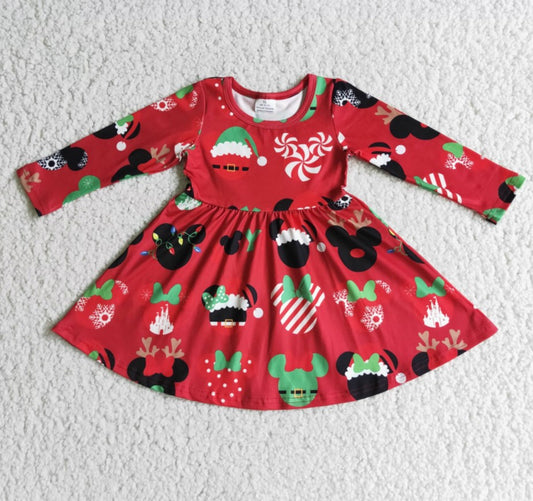 Christmas Fashion Baby Girls Dress Boutique Kids Clothes Cartoon Print Girls Twirl Dress Long Sleeve 6 A11-4