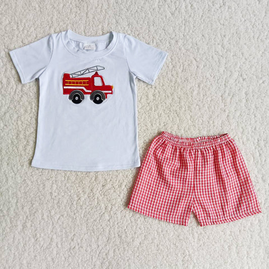 Fashion Baby Girls Clothes Fire Truck Embroidery Kids Sibling Clothing Boys Summer Outfits B3-4