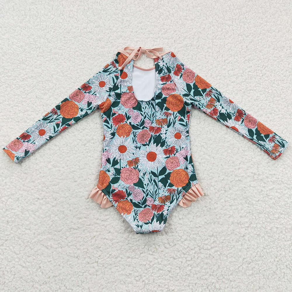 Baby Girls Swimsuits Flowers Long Sleeve One Pieces Swimsuit S0084