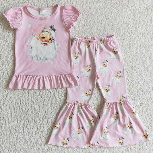 Pink Christmas Girls Clothes Santa Claus Print Short Sleeve Top Bell Pants Set GSPO0202