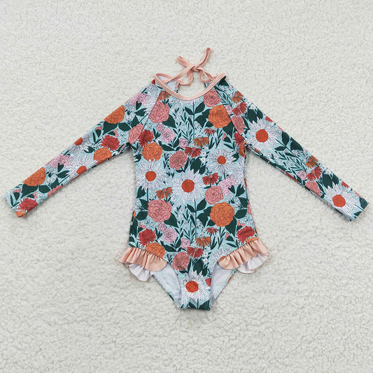 Baby Girls Swimsuits Flowers Long Sleeve One Pieces Swimsuit S0084