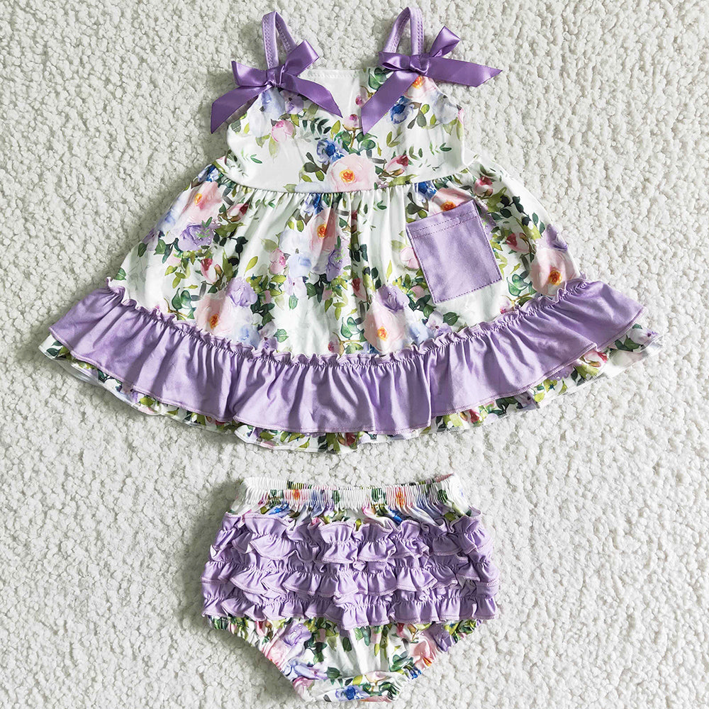 Cute Baby Girl Clothes Bummie Set Flower Print Purple Boutique Girls Clothing Bummies Shorts Kids Outfits GBO0038