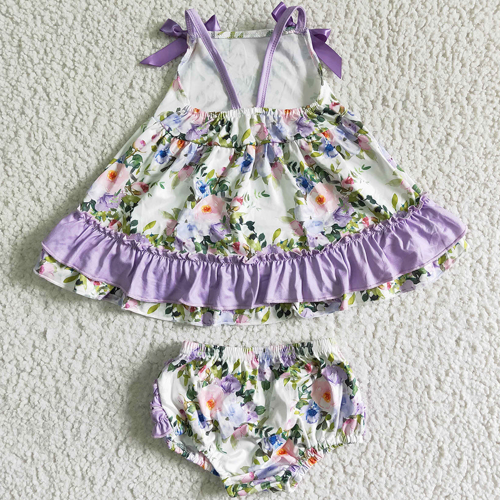 Cute Baby Girl Clothes Bummie Set Flower Print Purple Boutique Girls Clothing Bummies Shorts Kids Outfits GBO0038