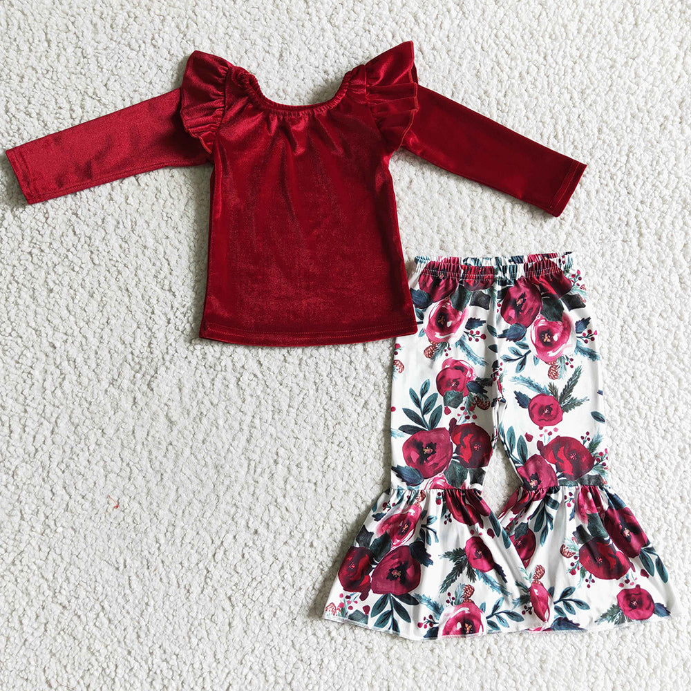 Boutique Baby Girls Clothes Velvet Top Flower Print Bell Pants Set GLP0361