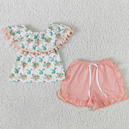 New Summer Girls Jumpsuit Suspenders Cactus Print Cute Baby Girls Clothes Set Kids Sibling Clothing Sister Outfits SR0039