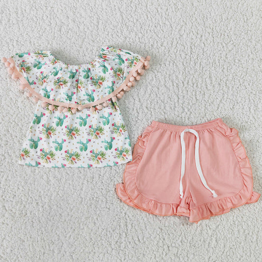 New Summer Girls Jumpsuit Suspenders Cactus Print Cute Baby Girls Clothes Set Kids Sibling Clothing Sister Outfits SR0039