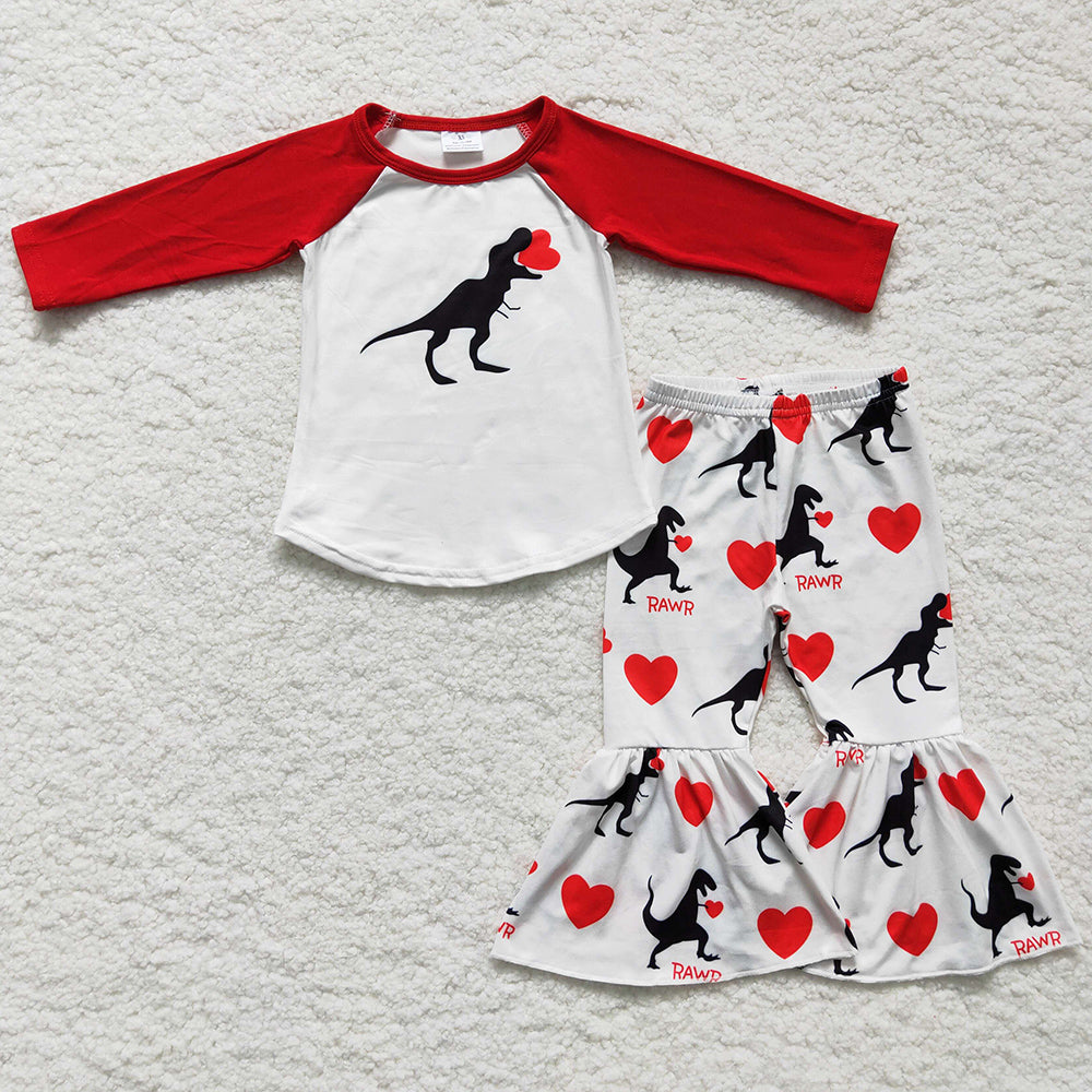 Hot Sale Toddler Girls Clothes Love Dinosaur Print Valentine's Day Girls Outfits 6 A16-12