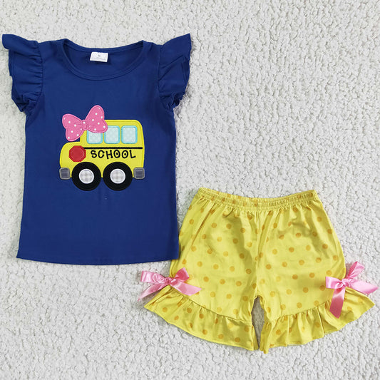 Boutique Toddler Girls Clothes Sets Back to School Bus Embroidery Boutique Baby Girls Clothing Summer Kids Shorts Outfits GSSO0091