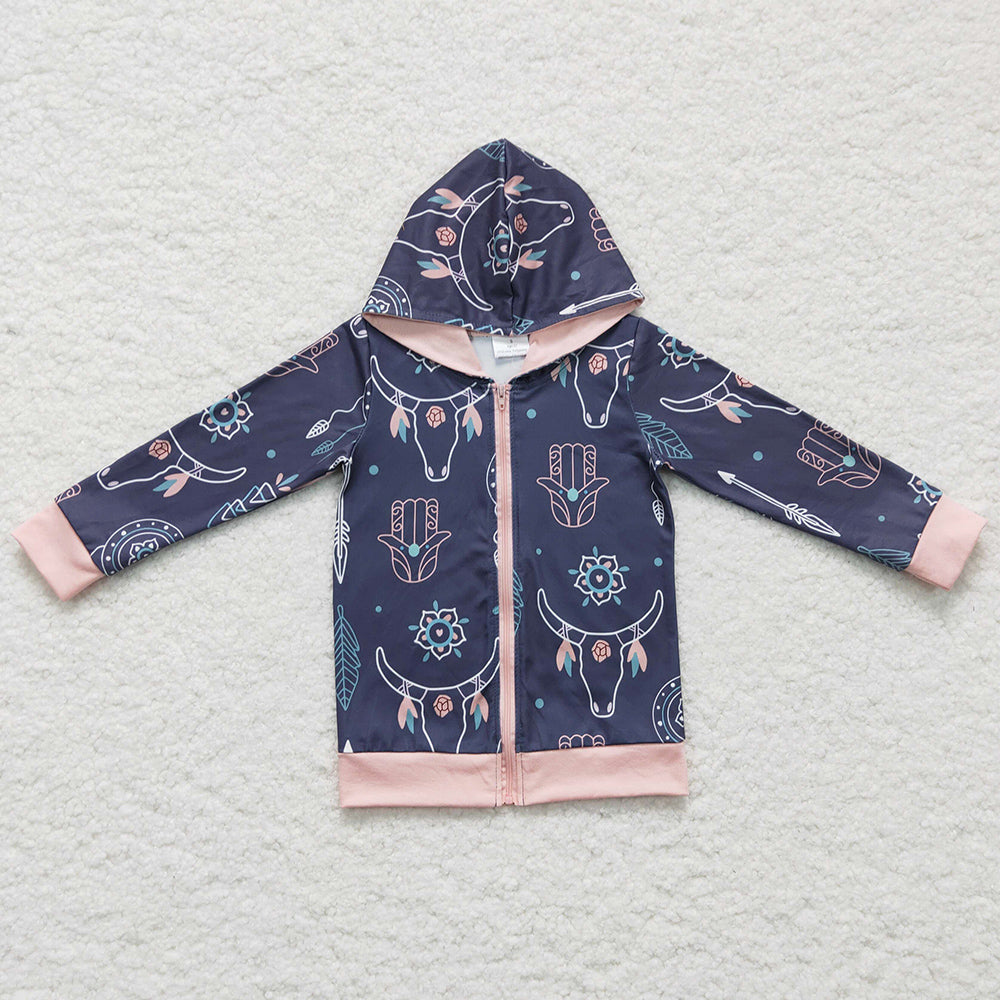 Hot Sale Girls Clothes Hoodies Top Zipper Design Boutique Girls Hooded Top Cow Print GT0059