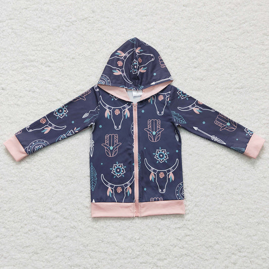 Hot Sale Girls Clothes Hoodies Top Zipper Design Boutique Girls Hooded Top Cow Print GT0059