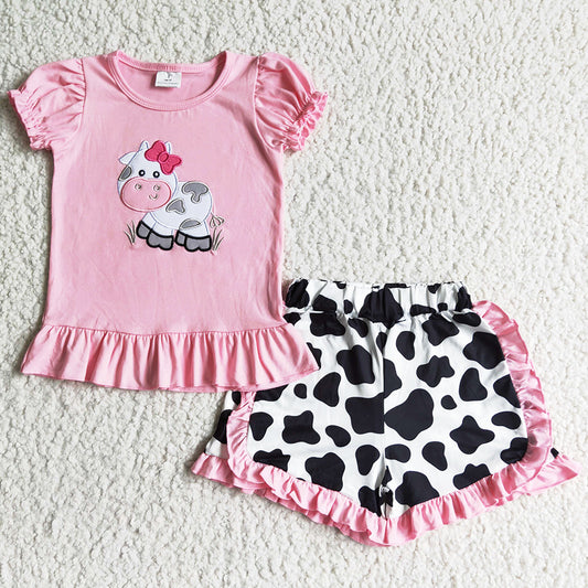 New Baby Girl Clothes Short Sleeve Ruffle Shorts Set Cow Embroidery Boutique Toddler Girls Clothes Cute Kids Clothes GSSO0105