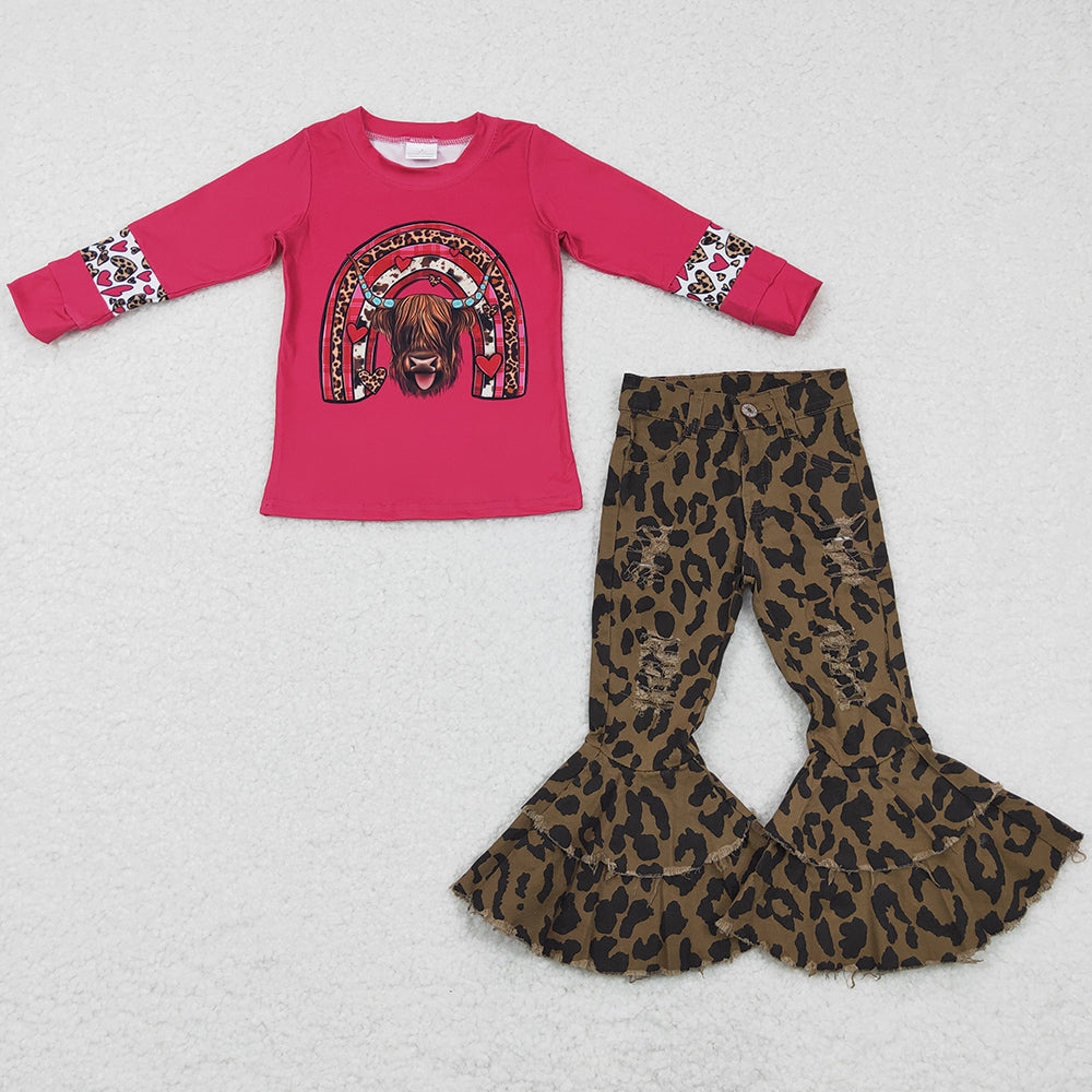 New Fashion Baby Girl Clothes Boutique Denim Bell Pants Set Cow Print Leopard Jeans Outfits GLP0400